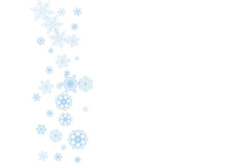 Fototapeta premium Winter frame with blue snowflakes for Christmas and New Year celebration. Horizontal winter frame on white background for banners, gift coupons, vouchers, ads, party events. Falling frosty snow.