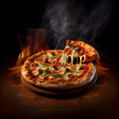 Foto op Plexiglas Wood fire baked pizza with fire in background, generative ai © TheGoldTiger