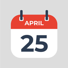 Calendar Icon of April 25. Calendar Icon with grey background. Flat style. Date and month.