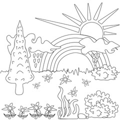 Beautiful rainbow landscape outline sketch, vector illustration for coloring, flat cartoon design style. Editable graphic resources for many purposes.
