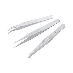 vector illustration, three types of tweezers, semi realistic flat cartoon design style. Editable graphic resources for many purposes.