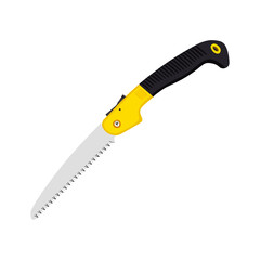 vector illustration, yellow-handled tree branch saw, semi realistic flat cartoon design style. Editable graphic resources for many purposes.