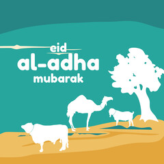 Vector illustration, eid al-adha mubarak, happy eid al-adha on green background. Islamic greeting card design with camel, cow and goat elements on tropical land. Flat cartoon design style.