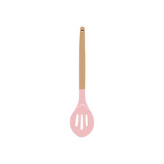 Pink modern slotted spatula with wooden handle, vector illustration in trendy flat cartoon design style. Editable graphic resources for many purposes.