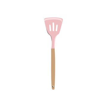 Vector illustration of modern slotted spatula with pink tip, in trendy flat cartoon design style. Editable graphic resources for many purposes.