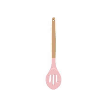 Pink modern slotted spatula with wooden handle, vector illustration in trendy flat cartoon design style. Editable graphic resources for many purposes.