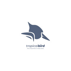 Vector illustration, tropical bird's head logo in gray with text underneath, irregular design style.