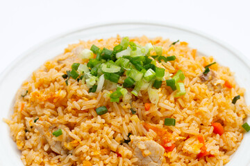 Fried rice in white plate on white background.