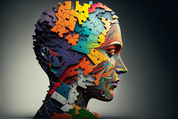 Colorful, very abstract thoughtful head composed of variously colored jigsaw pieces. Created with generative ai art