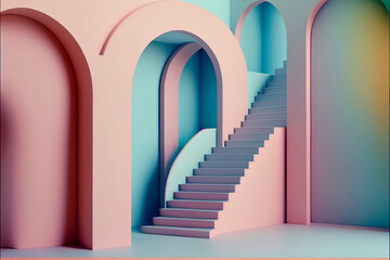 Architectural construction 3d illustration of gemotretic arches and stairs for product placement generative art