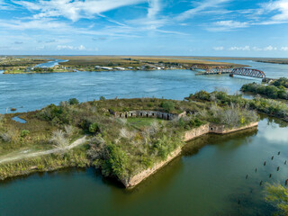 Aerial view of Fort Macomb near New Orleans, ruined historic brick fort with casemated bastions...