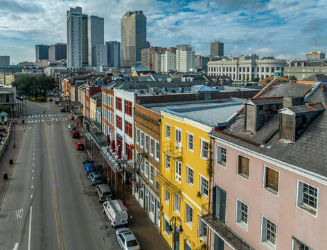 Aerial view of colorful colonial houses in the French Quarter in New Orleans