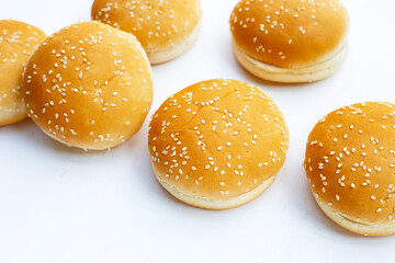 Hamburger buns with sesame on white background.