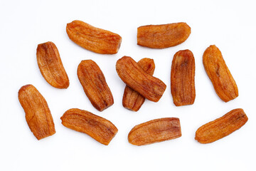 Sun dried bananas on white background.