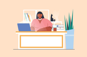 Business lady concept with people scene in flat design. Woman entrepreneur sitting at desk and working at laptop, developing her own company. Vector illustration with character situation for web