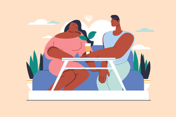 Couple at rendezvous concept with people scene in flat design. Woman and man on romantic date are sitting at table in cafe, talking and flirting. Vector illustration with character situation for web