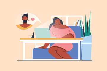 Online dating concept with people scene in flat design. Woman and man in love communicate online and send flirting messages to chat using laptop. Vector illustration with character situation for web