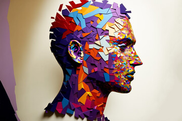 bright, colorful illustration of a human head constructed from many small, colorful pieces indicating states of mind. Generative ai artwork