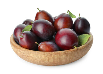 Bowl of delicious ripe plums on white background