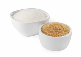 Bowls with different granulated sugar on white background
