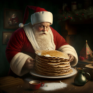 santa claus with pancake, generated with artificial intelligence, created with Midjourney, not a real person