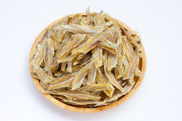 Dried anchovy on white background.