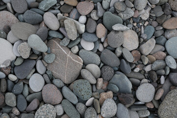 Many different pebbles as background, top view