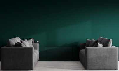 Background livingroom in green colors. Deep dark emerald wall. Luxury interior design with gray sofas and green cabinets furniture. 3d rendering