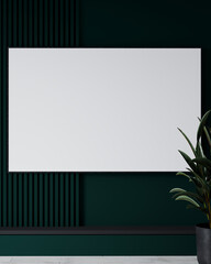 Large 1 one horizontal picture frame in gallery or exhibition. Green emerald wall and furniture. Mockup for art. 3d rendering