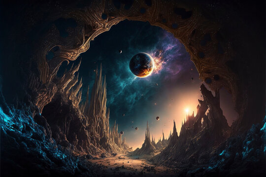 Alien cities, scifi, science fiction, other worlds, alien civilization, cities on other planets, sci-fi. Created with Generative AI technology.