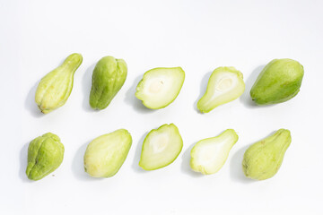 Fresh chayote fruit on white background.