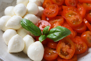 Delicious mozzarella balls, tomatoes and basil leaves, closeup