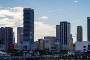 Beautiful aerial panoramic view of the city of Miami, its buildings, marina, yachts and luxurious suburbs houses
