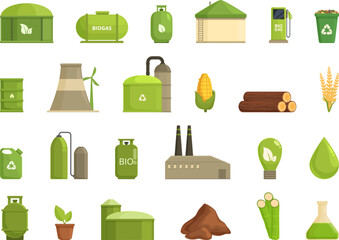 Biogas icons set cartoon vector. Biomass ethanol. Energy biofuel