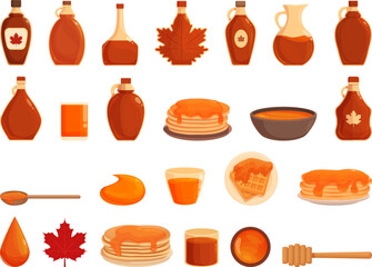 Maple syrup icons set cartoon vector. Pancake stack. Sweet kitchen