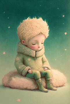 child sitting on a cloud, illustration