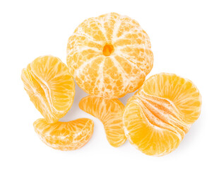 Fresh juicy peeled tangerines on white background, top view