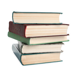 Stack of many old hardcover books isolated on white