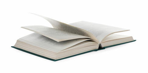 Open old hardcover book isolated on white