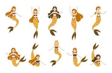 cute mermaid collection vector flat illustration