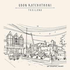 Obraz premium Vector Ubon Ratchathani Thailand postcard. Train station and old locomotive. Historical buildings in Ubon Ratchathani province in Northeastern Thailand (Isan). Travel sketch. Hand drawn vintage poster