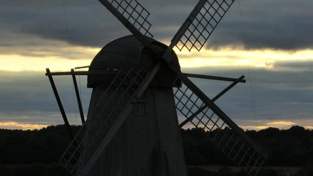 Close-up view of the windmill after sunset in Angla village in Saaremaa, Estonia.