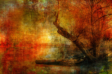 Art grunge landscape in red, orange, and yellow colors showing fishing boat on the river in autumn