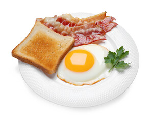 Plate with delicious fried egg, bacon and toast isolated on white