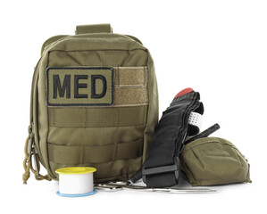 Military first aid kit with items isolated on white - obrazy, fototapety, plakaty