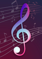 Golden treble clef and staff with music notes flying on gradient purple background. Beautiful...