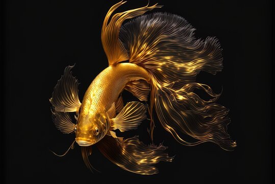 On a dark background, a school of golden fish swims. Generative AI