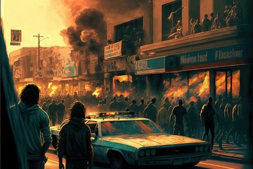 angry people riot in the city, with fire on the asphalt, throwing stones, fighting and attacking cops, and taking control in the streets