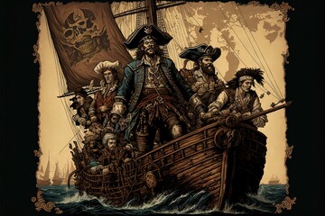 A Pirate Crew Sailing in the Sea, with swords,knives, guns, and canons, and ships full of bandits and thieves