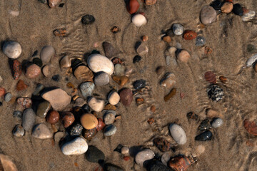 Fototapeta na wymiar Multicolored sea pebbles on sand through seawater, Baltic Sea, Curonian Spit, Kaliningrad region, Russia